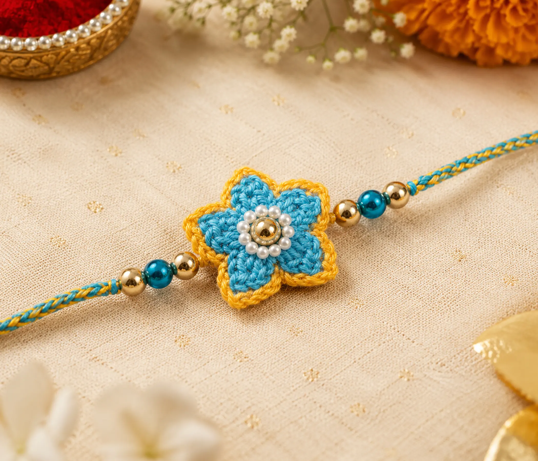Beaded Star Floral Handcrafted Crochet Rakhi - Elegant Homemade Rakhadi